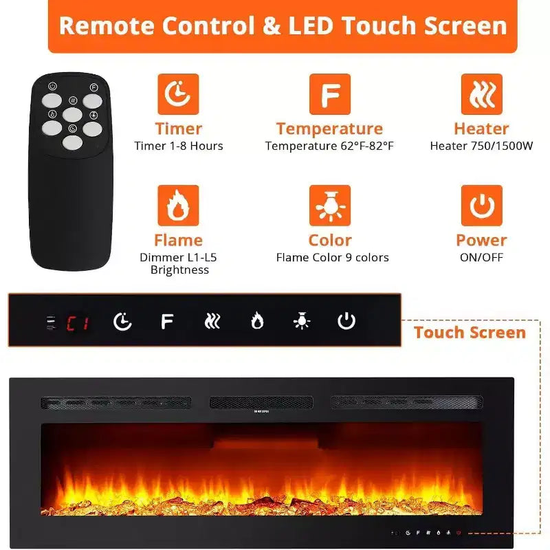 Caminetto Elettrico da 60 Pollici – Montaggio a Parete o Incasso, Riscaldatore 750W/1500W, 12 Colori Fiamma, Telecomando e Controllo Touch