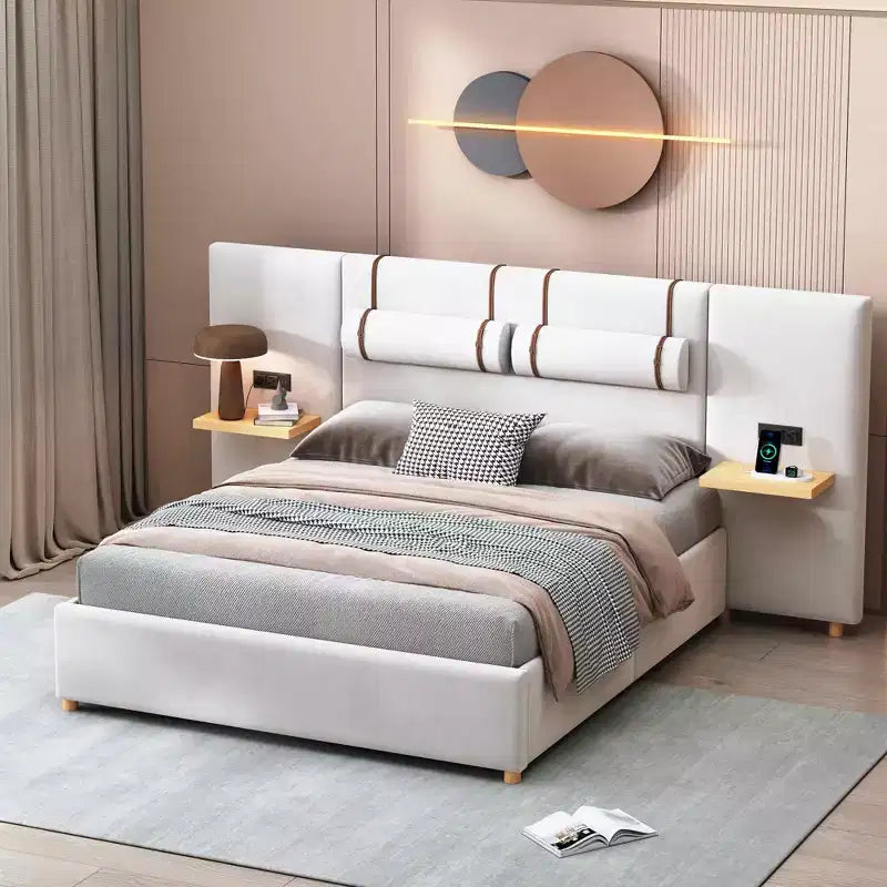 MAYEERTY Queen Size Upholstered Platform Bed, Two Outlets and USB Charging Ports on Both Sides, Two Bedside Pillows, Storage Shelves, Velvet, Beige