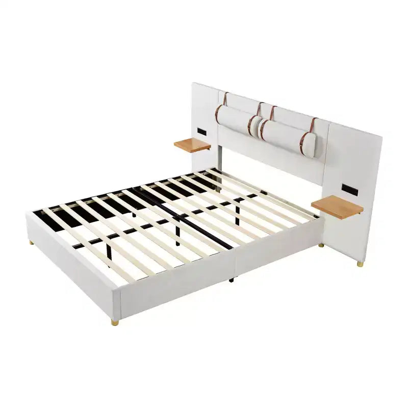 Letto a piattaforma imbottito queen size con ripiani portaoggetti, doppia presa, porte USB e due cuscini – Velluto Beige