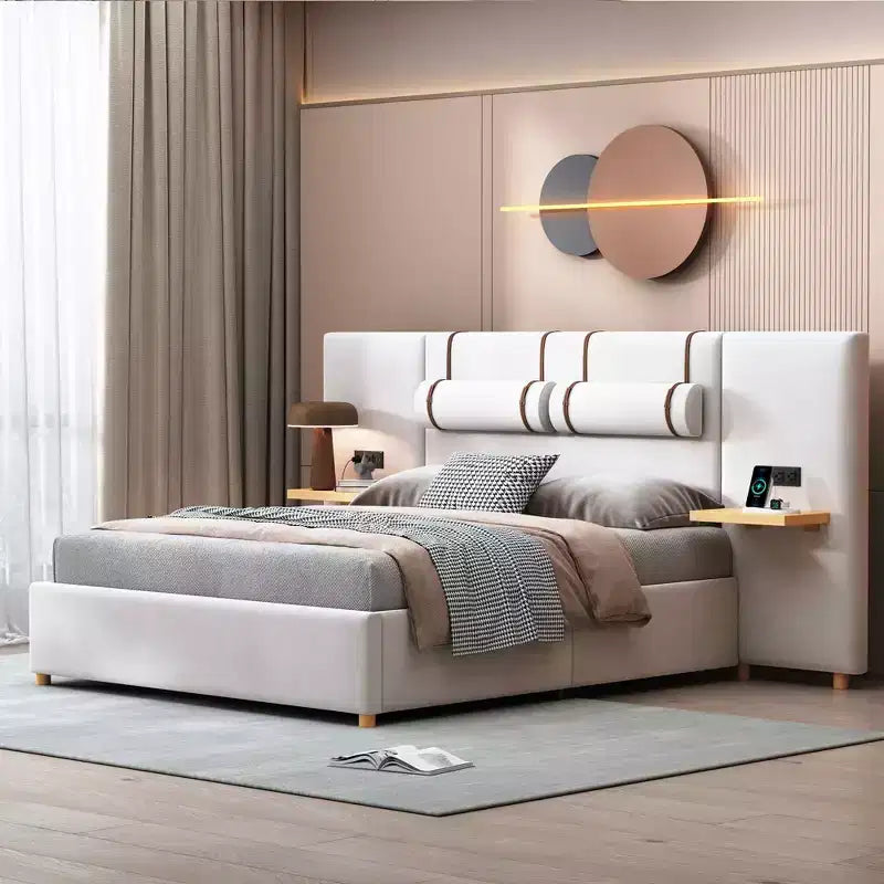 Letto a piattaforma imbottito queen size con ripiani portaoggetti, doppia presa, porte USB e due cuscini – Velluto Beige