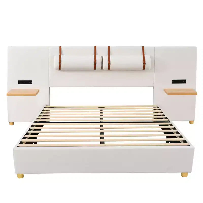 Letto a piattaforma imbottito queen size con ripiani portaoggetti, doppia presa, porte USB e due cuscini – Velluto Beige