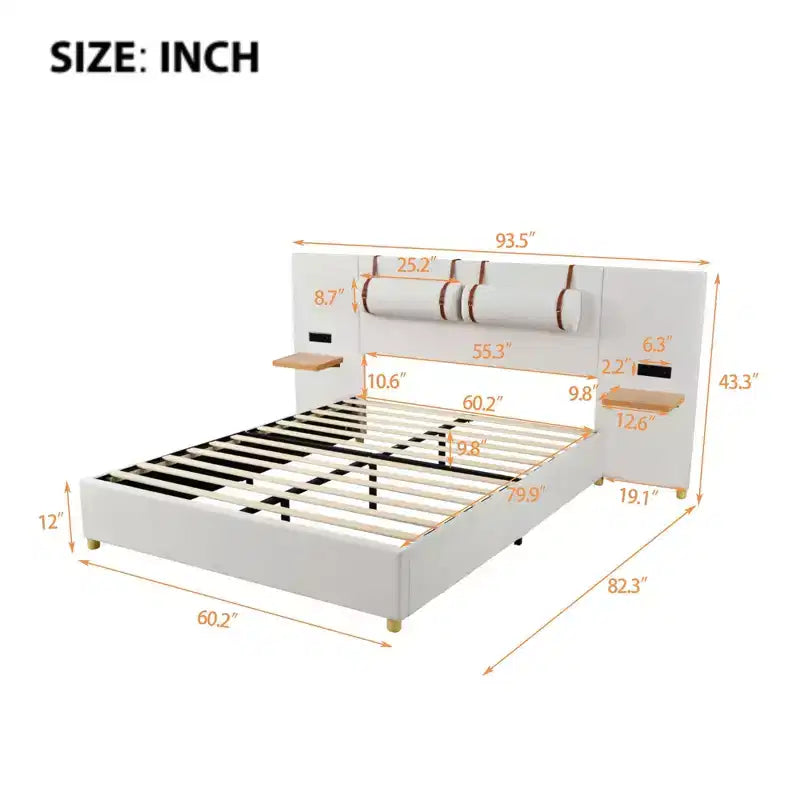 Letto a piattaforma imbottito queen size con ripiani portaoggetti, doppia presa, porte USB e due cuscini – Velluto Beige