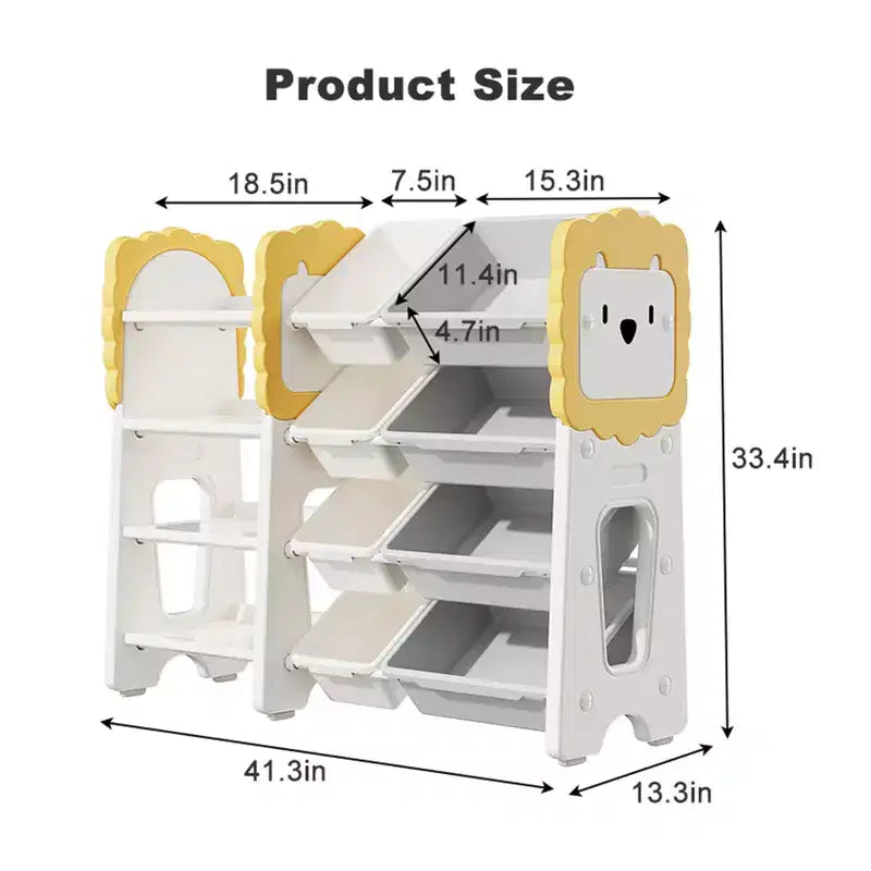 Organizzatore per giocattoli per bambini con 8 contenitori rimovibili, libreria a 4 livelli, bianco