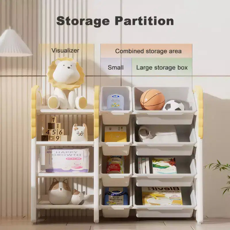Organizzatore per giocattoli per bambini con 8 contenitori rimovibili, libreria a 4 livelli, bianco