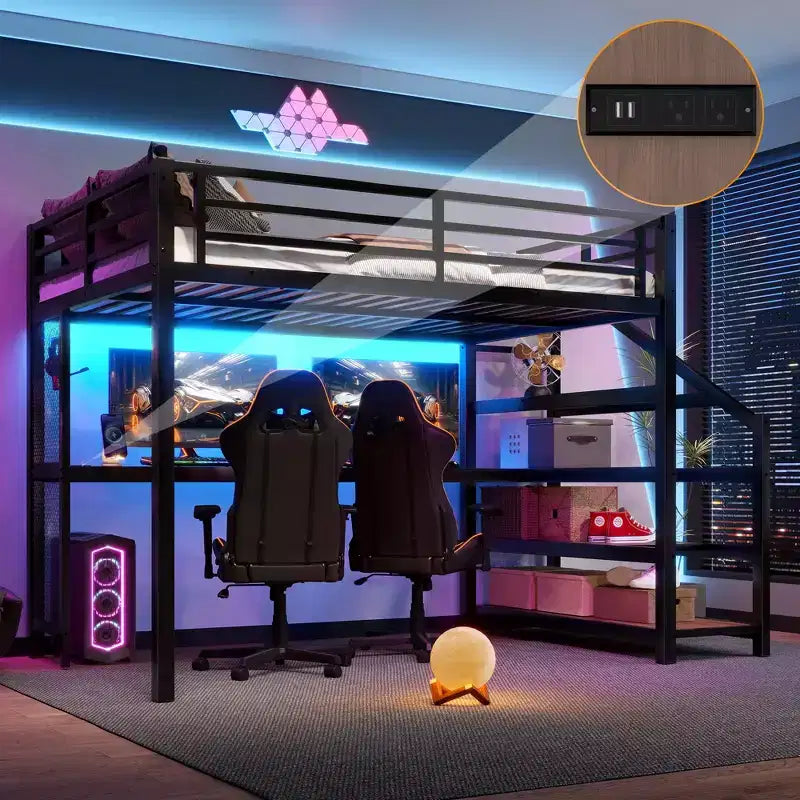 Full/Queen Size Metal Loft Bed with Desk, LED Light, USB Ports, Storage Stairs & Multifunctional Iron Nets, Black - ModernLuxe