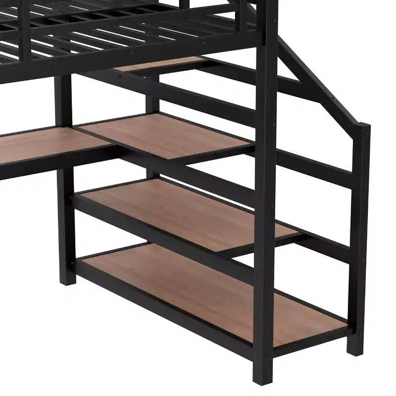 Letto a soppalco in metallo matrimoniale/queen con scrivania, luci a LED, porte USB e scale con contenitore, nero