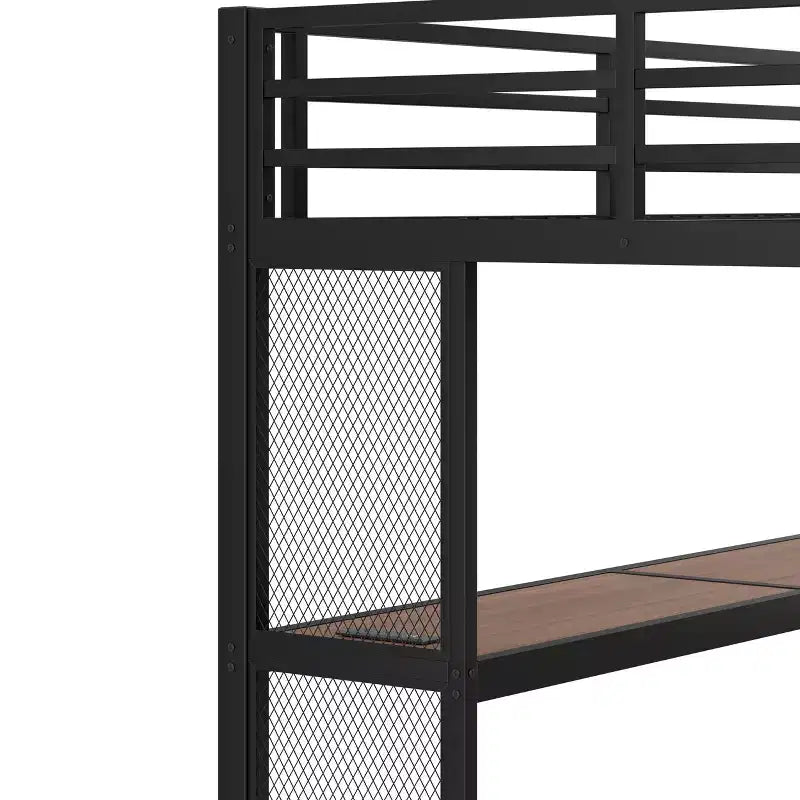 Letto a soppalco in metallo matrimoniale/queen con scrivania, luci a LED, porte USB e scale con contenitore, nero