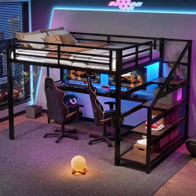 Letto a soppalco in metallo matrimoniale/queen con scrivania, luci a LED, porte USB e scale con contenitore, nero