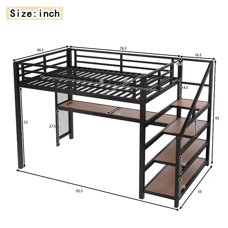 Letto a soppalco in metallo matrimoniale/queen con scrivania, luci a LED, porte USB e scale con contenitore, nero