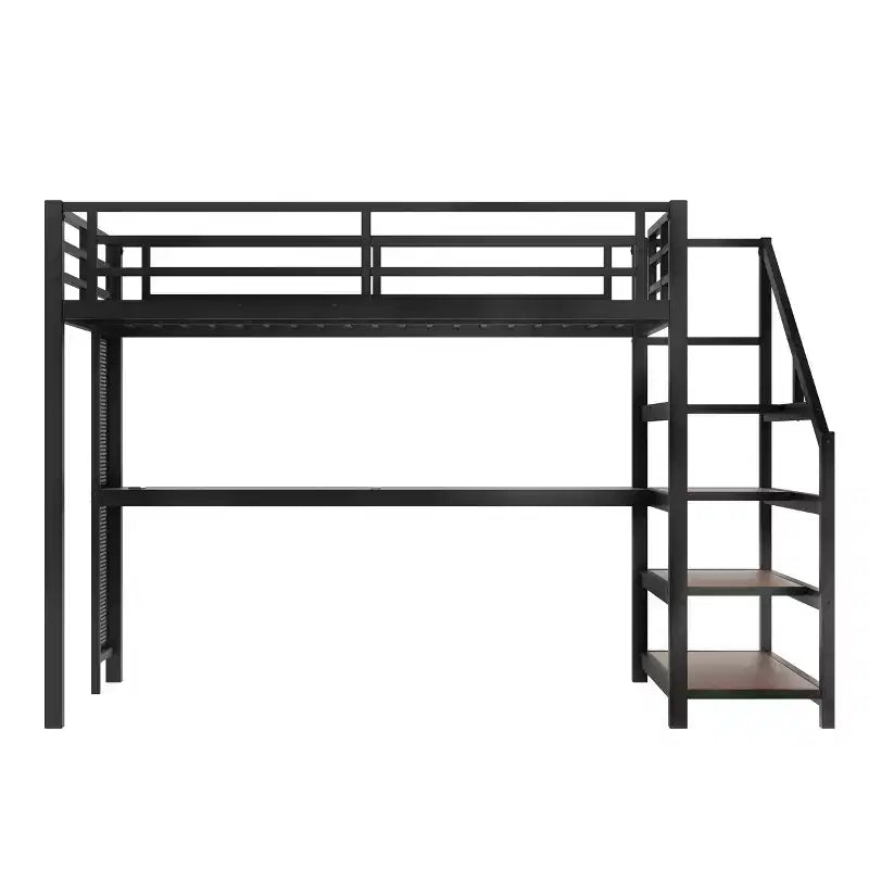 Letto a soppalco in metallo matrimoniale/queen con scrivania, luci a LED, porte USB e scale con contenitore, nero