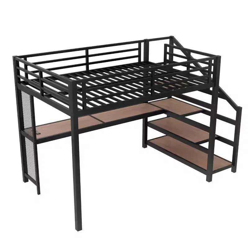 Letto a soppalco in metallo matrimoniale/queen con scrivania, luci a LED, porte USB e scale con contenitore, nero
