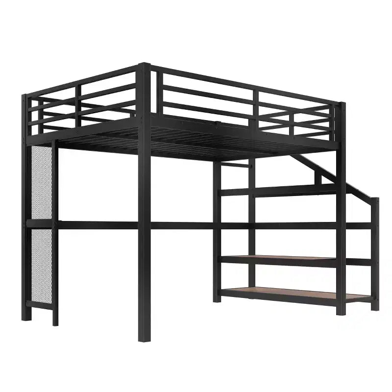 Letto a soppalco in metallo matrimoniale/queen con scrivania, luci a LED, porte USB e scale con contenitore, nero