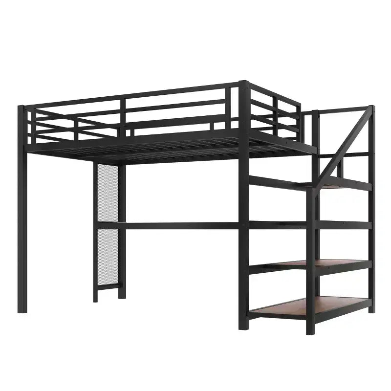 Letto a soppalco in metallo matrimoniale/queen con scrivania, luci a LED, porte USB e scale con contenitore, nero