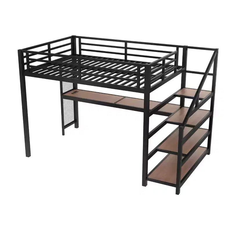 Letto a soppalco in metallo matrimoniale/queen con scrivania, luci a LED, porte USB e scale con contenitore, nero