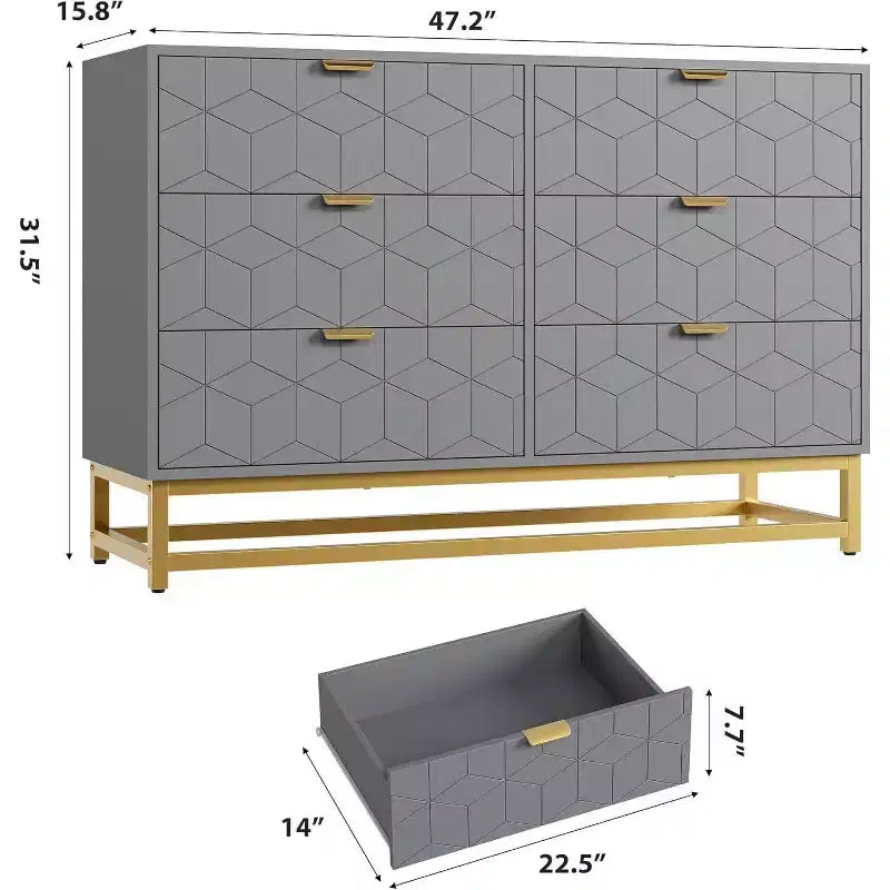 Comò a 6 cassetti con design geometrico e ripiano a giorno