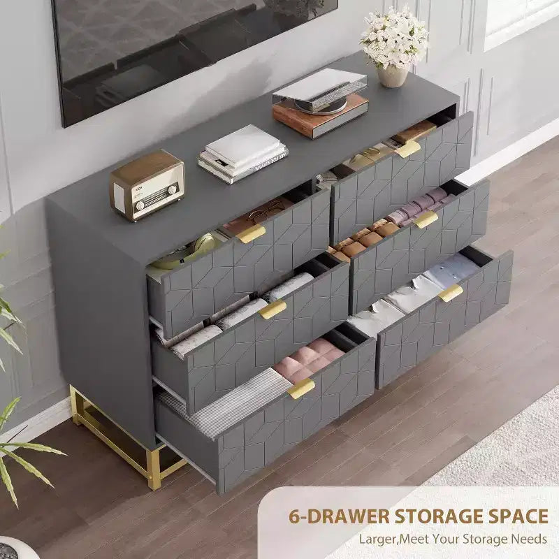 Comò a 6 cassetti con design geometrico e ripiano a giorno