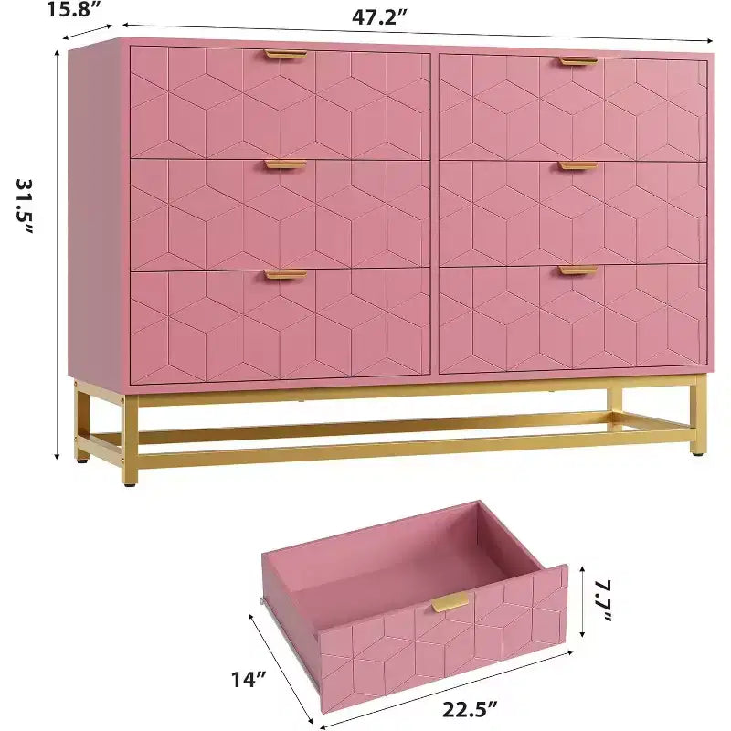 Comò a 6 cassetti con design geometrico e ripiano a giorno