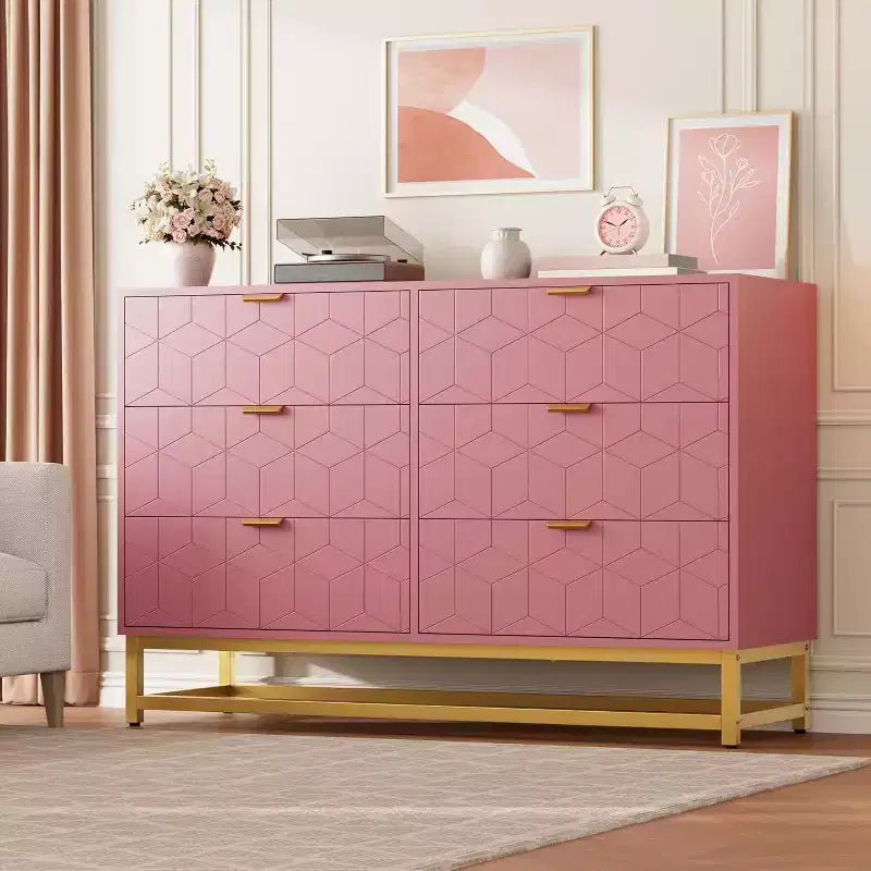 Comò a 6 cassetti con design geometrico e ripiano a giorno