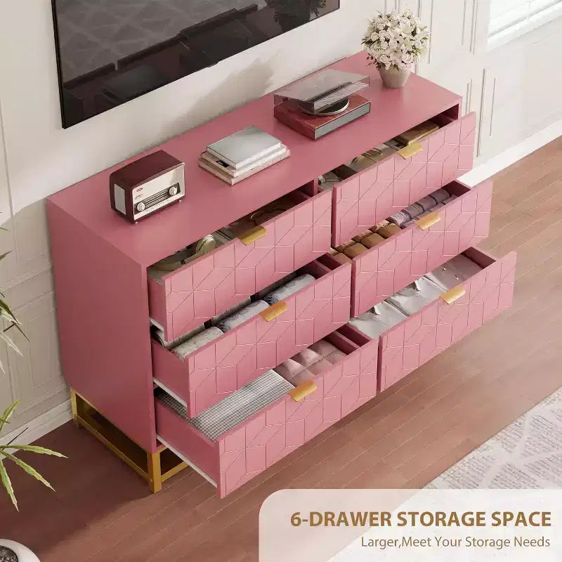 Comò a 6 cassetti con design geometrico e ripiano a giorno