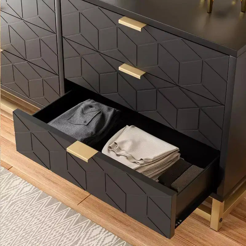 Comò a 6 cassetti con design geometrico e ripiano a giorno