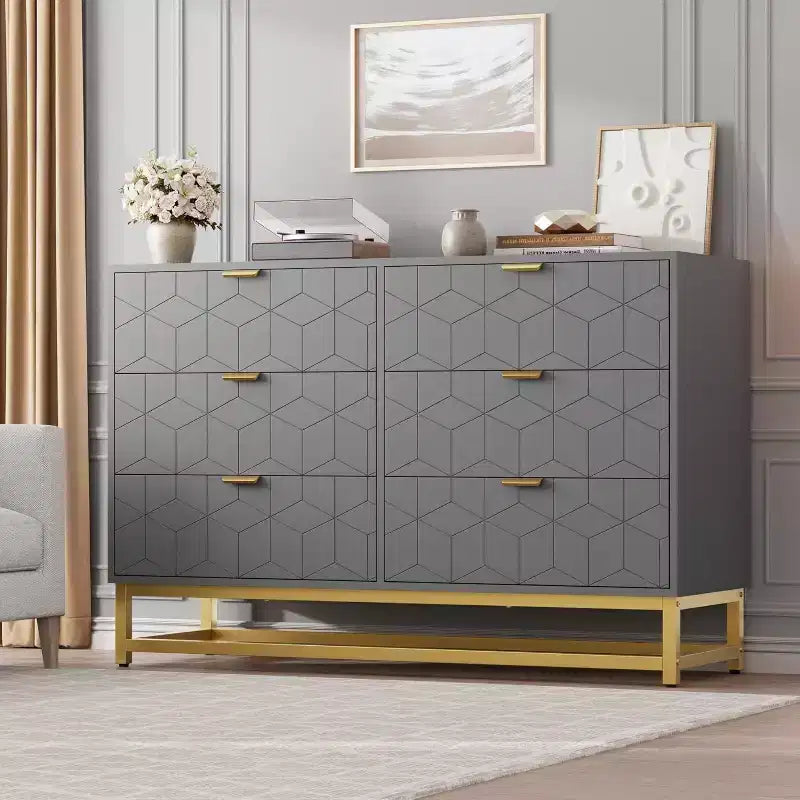 Comò a 6 cassetti con design geometrico e ripiano a giorno