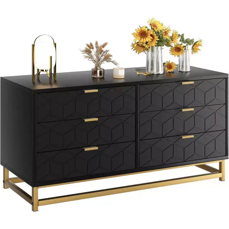 Acekool 6 Drawer Dresser, Modern Geometric Chest with Gold Accents and Open Shelf, Wide Storage for Bedroom, Living Room, Entryway