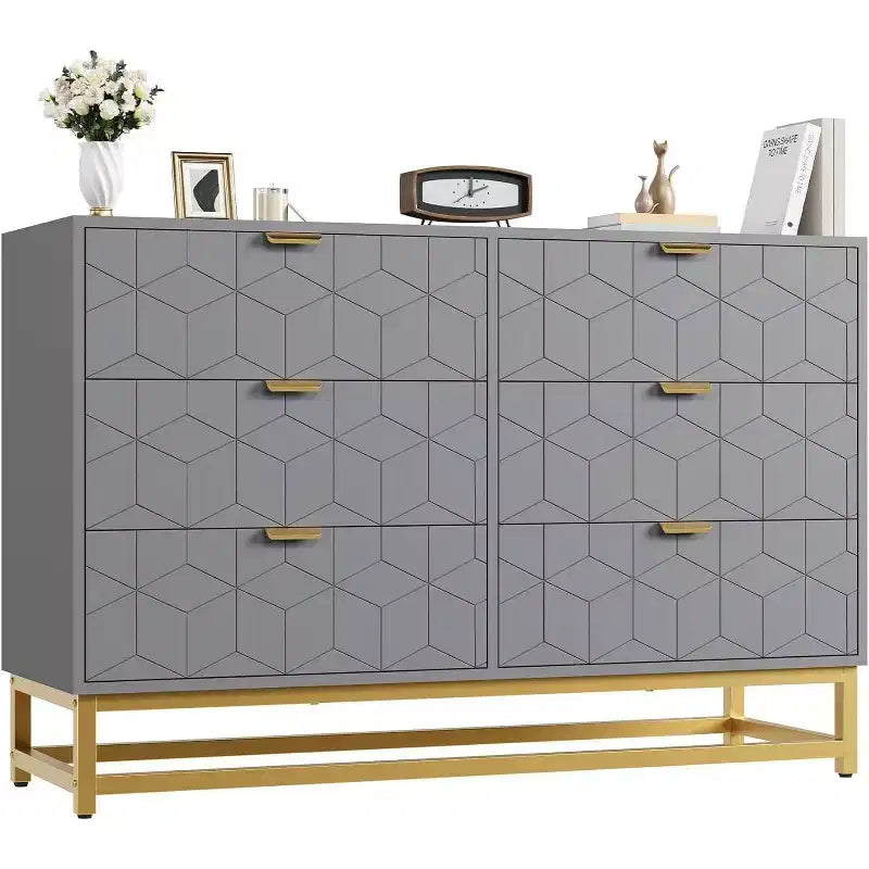 Comò a 6 cassetti con design geometrico e ripiano a giorno
