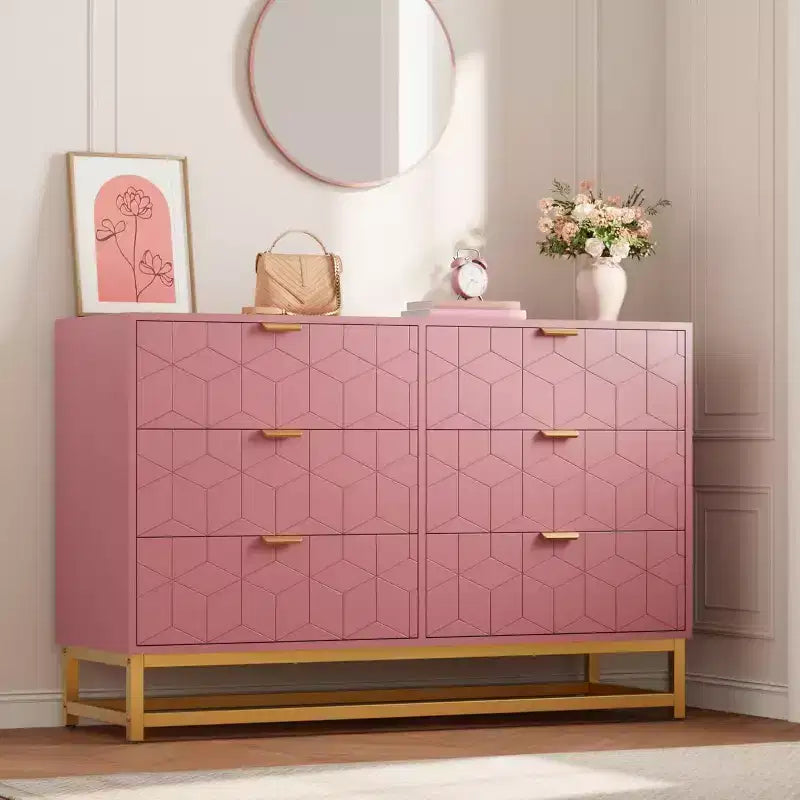 Comò a 6 cassetti con design geometrico e ripiano a giorno