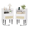Set of 2 Rattan Nightstands, Boho Bedside Tables with Drawer & Open Shelf, Solid Wood Legs for Bedroom