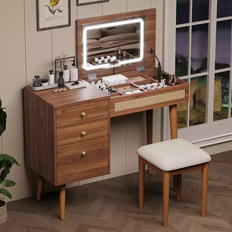 Set da toeletta retrò bohémien con sgabello, specchio a scomparsa, luci a LED, 3 cassetti e 10 scomparti