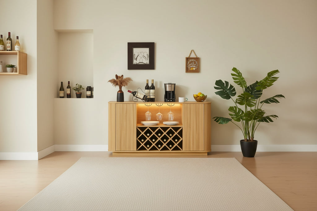 Mobile credenza a buffet moderno da 58" con ripiani regolabili, mobile contenitore con frontale ondulato per cucina o sala da pranzo