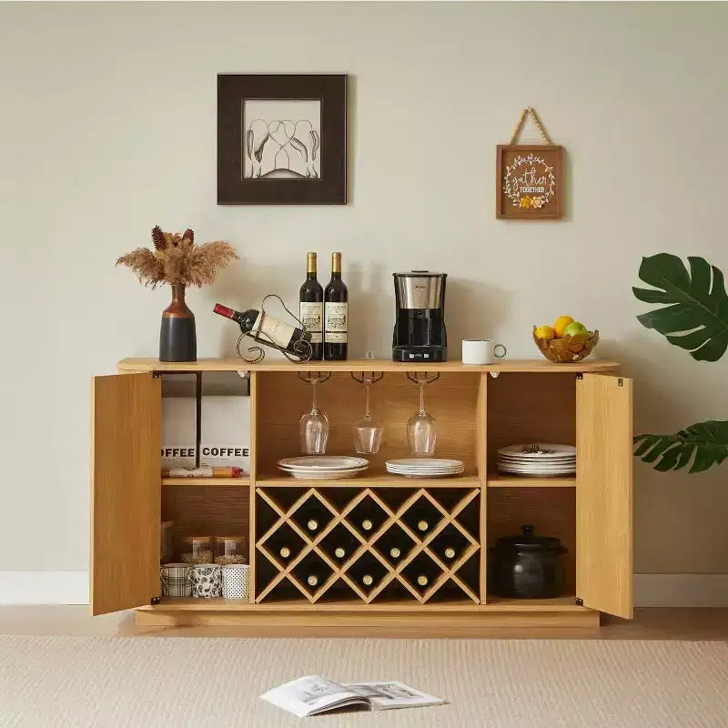 Mobile credenza a buffet moderno da 58" con ripiani regolabili, mobile contenitore con frontale ondulato per cucina o sala da pranzo