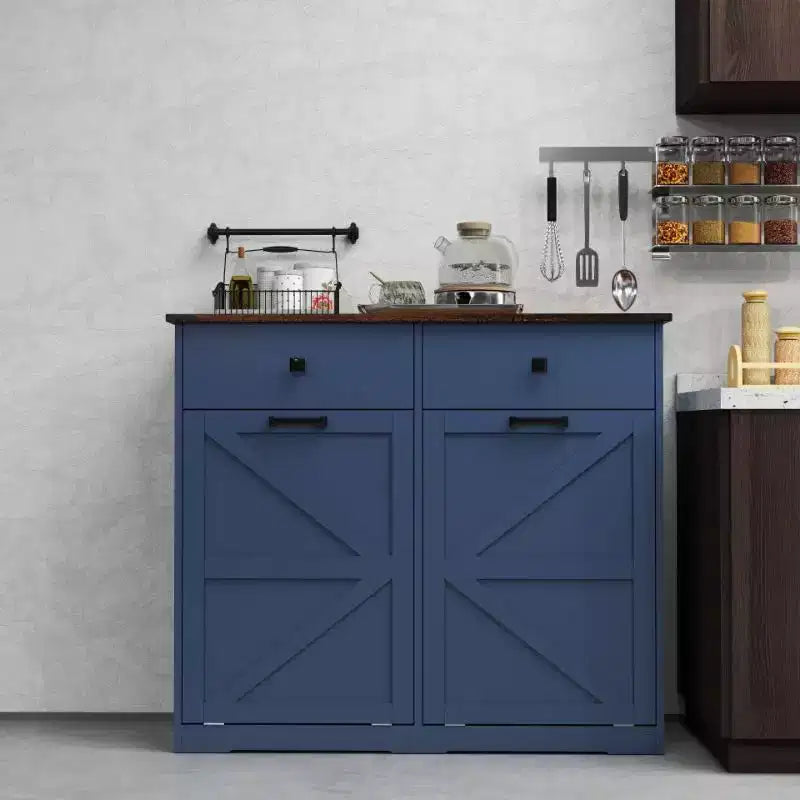 Pattumiera Doppia Inclinabile in Stile Rustico con Cassetti – Mobile Contenitore per Cucina, Camera da Letto e Sala da Pranzo