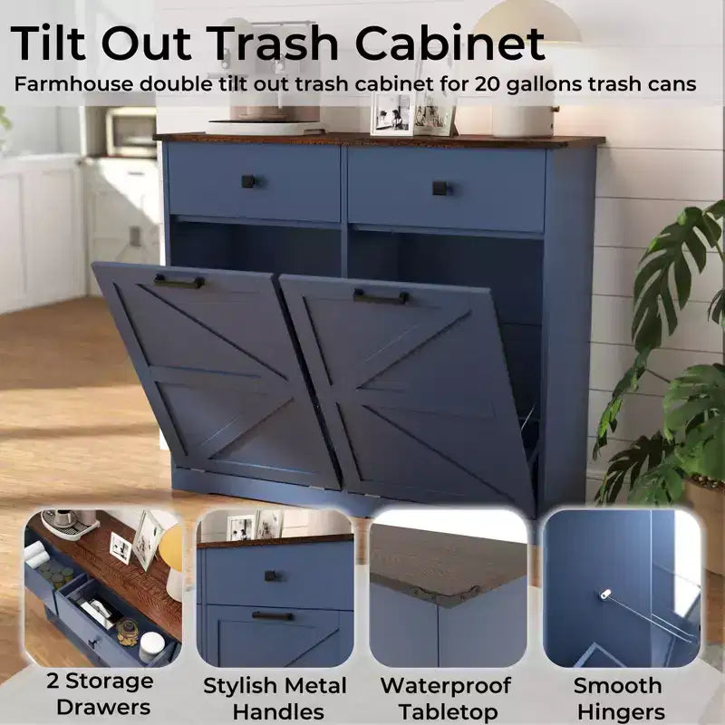 Pattumiera Doppia Inclinabile in Stile Rustico con Cassetti – Mobile Contenitore per Cucina, Camera da Letto e Sala da Pranzo