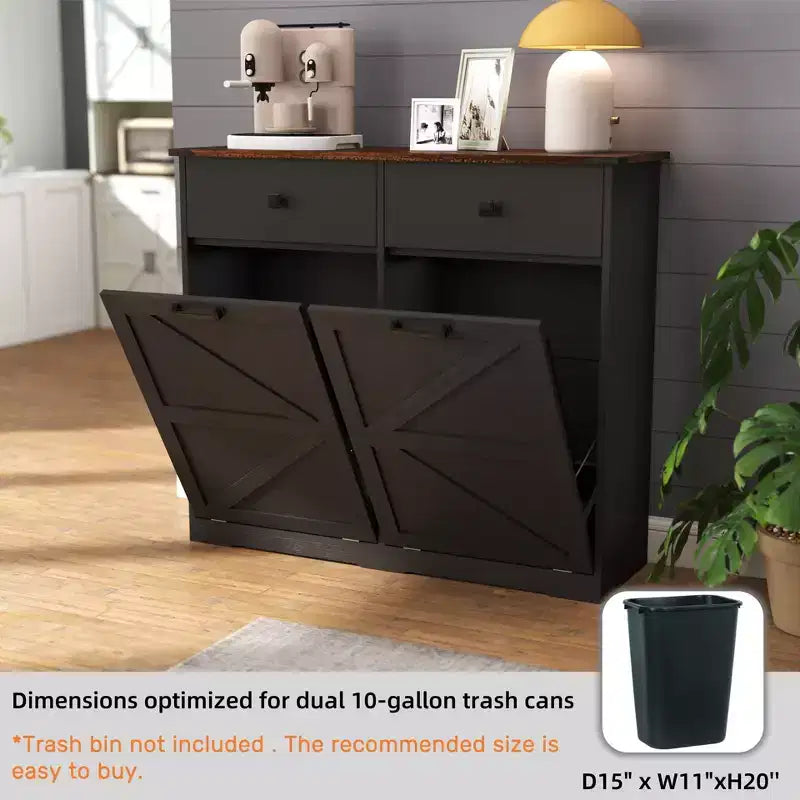 Pattumiera Doppia Inclinabile in Stile Rustico con Cassetti – Mobile Contenitore per Cucina, Camera da Letto e Sala da Pranzo