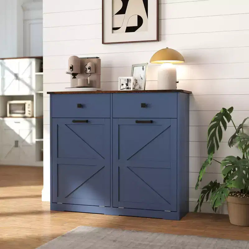 Okak Farmhouse Style Double Tilt Out Trash Cabinet with Trash Cans & Drawers,Storage Laundry Recycling Cabinet for Bedroom,Dining Room