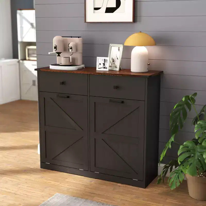 Pattumiera Doppia Inclinabile in Stile Rustico con Cassetti – Mobile Contenitore per Cucina, Camera da Letto e Sala da Pranzo