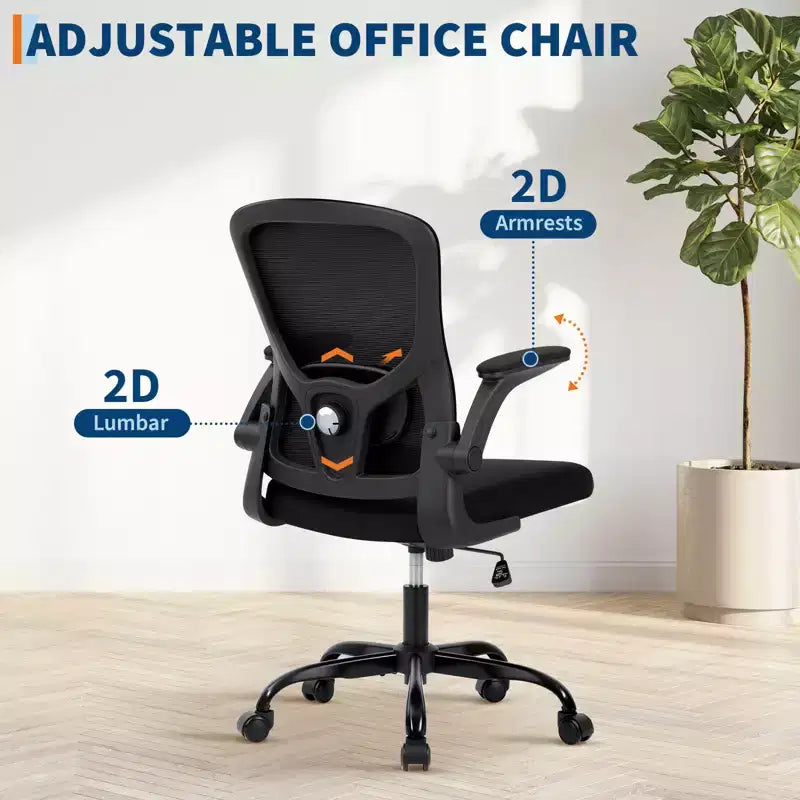 Sedia da ufficio ergonomica con schienale alto, supporto lombare regolabile, poggiatesta e braccioli ribaltabili – Nera