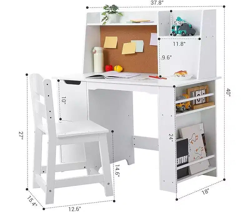 Set Scrivania e Sedia per Bambini con Credenza, Libreria, Armadietti e Bacheca in Sughero