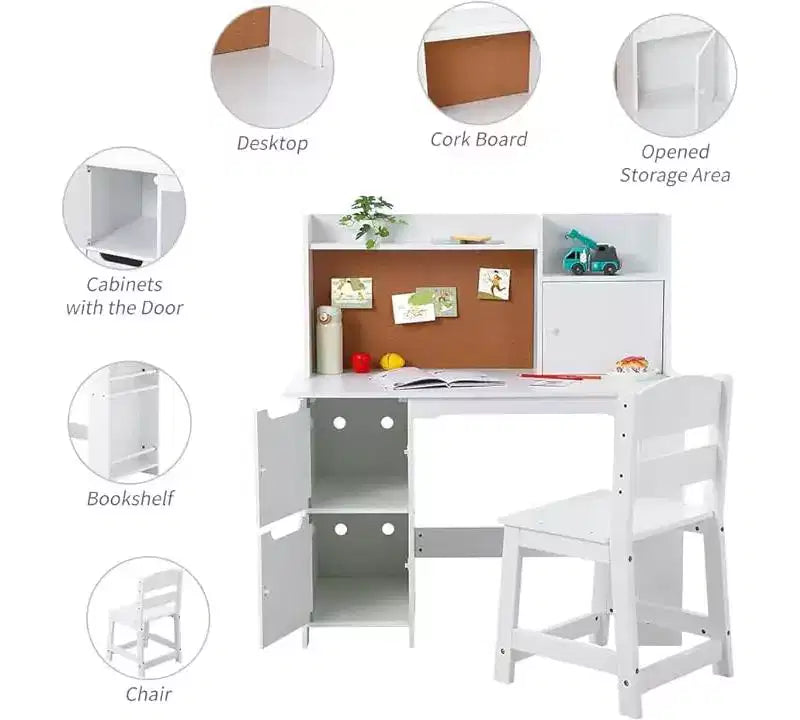 Set Scrivania e Sedia per Bambini con Credenza, Libreria, Armadietti e Bacheca in Sughero