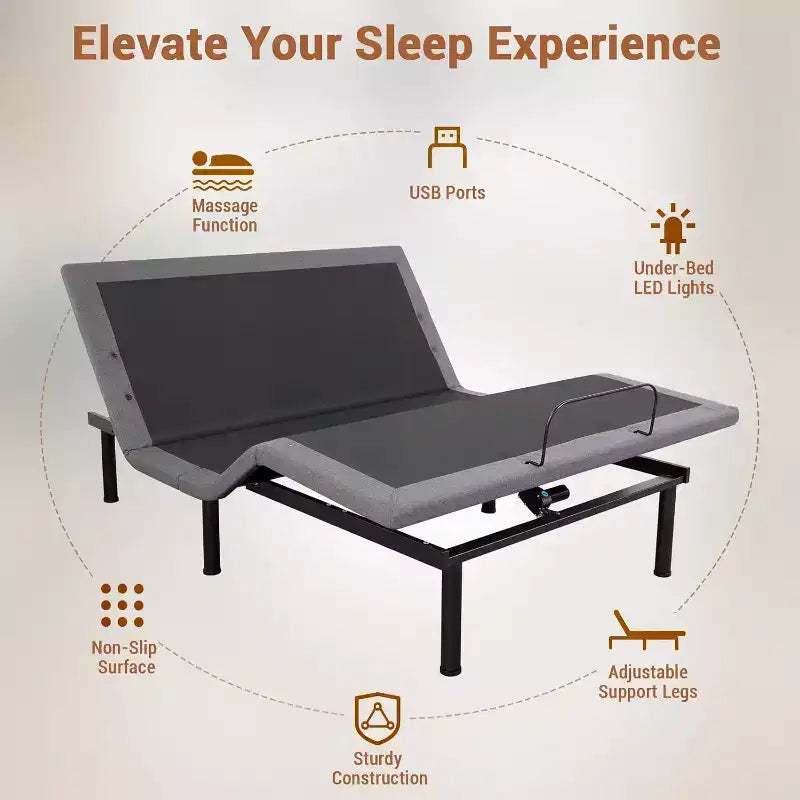 Rete per letto regolabile con inclinazione testa e piedi, porte USB, luce LED, massaggio e telecomando wireless