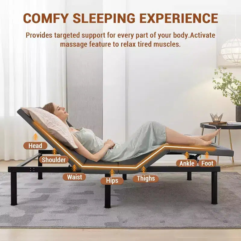 Rete per letto regolabile con inclinazione testa e piedi, porte USB, luce LED, massaggio e telecomando wireless