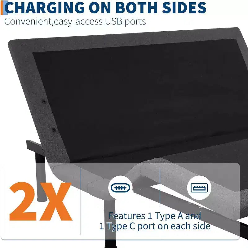 Rete per letto regolabile con inclinazione testa e piedi, porte USB, luce LED, massaggio e telecomando wireless