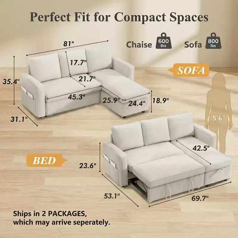Divano letto a L da 81" con chaise longue reversibile e contenitore