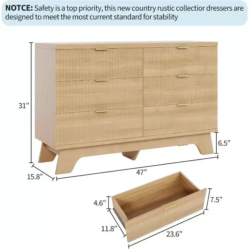 Cassettiera a 6 cassetti scanalata in rovere naturale con profilo curvo e gambe a compasso