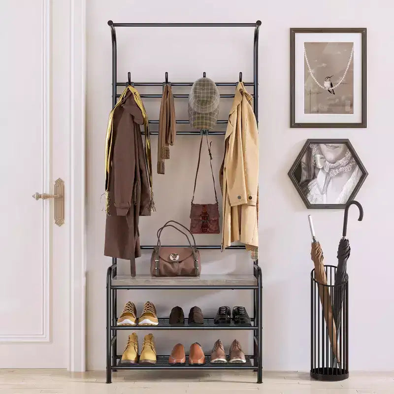Panca ingresso 4-in-1 con appendiabiti, scarpiera, ripiano e ganci
