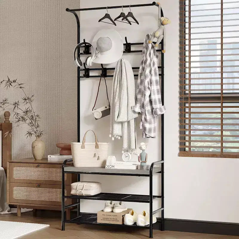 Panca ingresso 4-in-1 con appendiabiti, scarpiera, ripiano e ganci