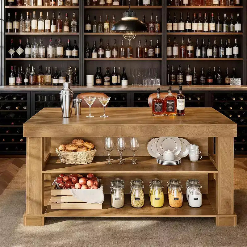 Isola da cucina rustica da 55 pollici con contenitore e posti a sedere altezza bar, marrone rustico