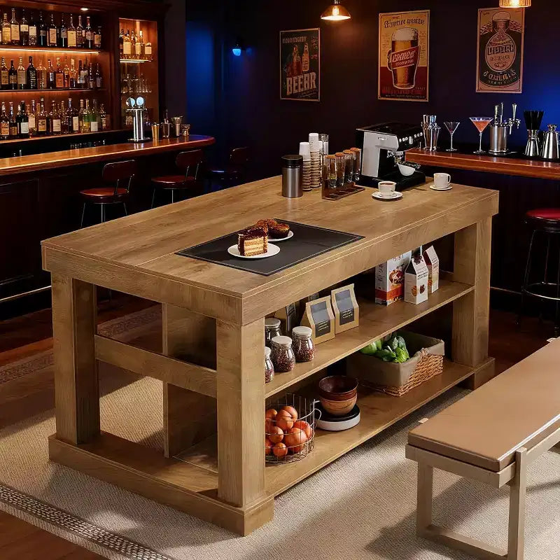 Isola da cucina rustica da 55 pollici con contenitore e posti a sedere altezza bar, marrone rustico