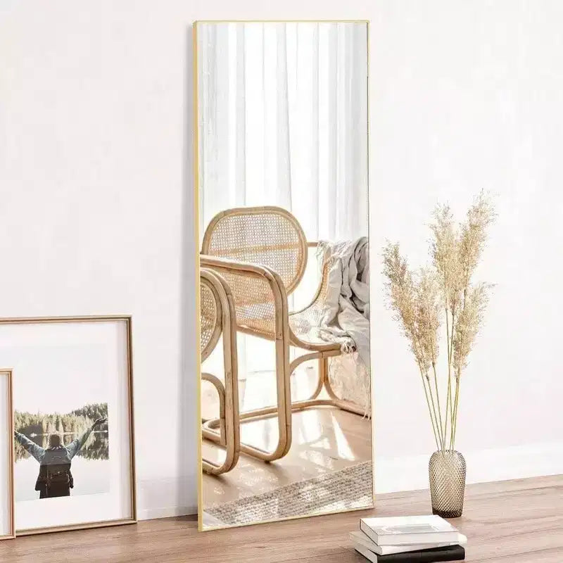 Gold Full Body Mirror, 59x16 Inches with Stand. Aluminum Frame for Wall Hanging, Leaning, or Free Standing in Any Room